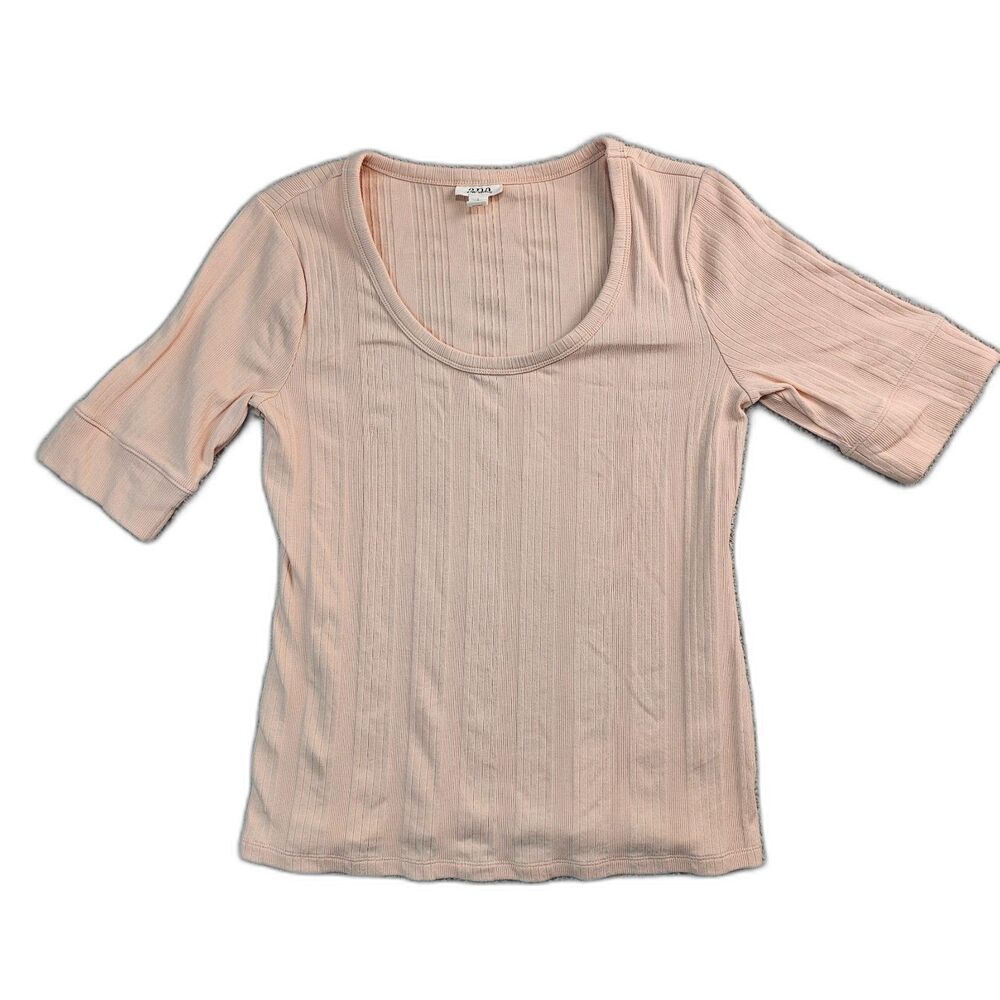 a.n.a. Elbow-Sleeve Scoop Neck Baby Rib-Knit Top Peach Women's Large